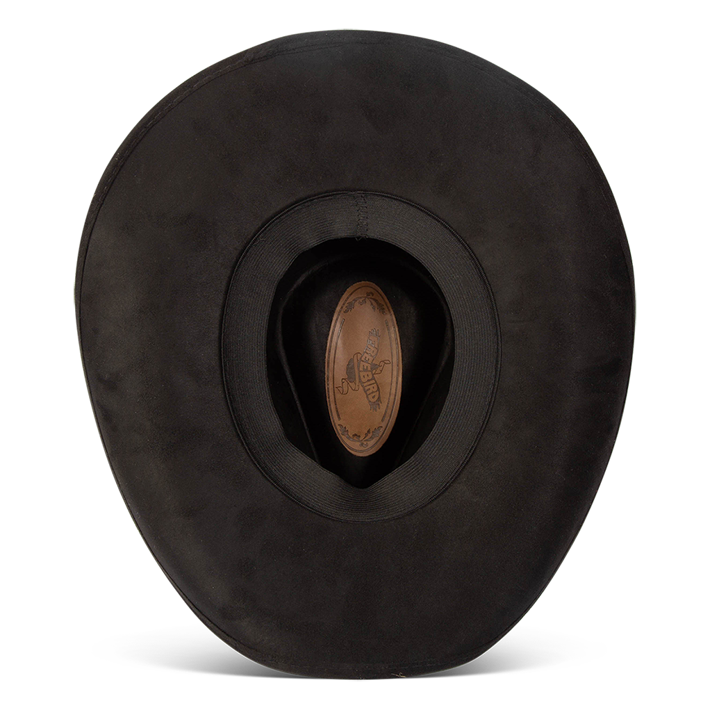Jones black inside view showing sweatband on FREEBIRD western cowboy hat featuring a teardrop crown, upturned-brim, and braided leather band