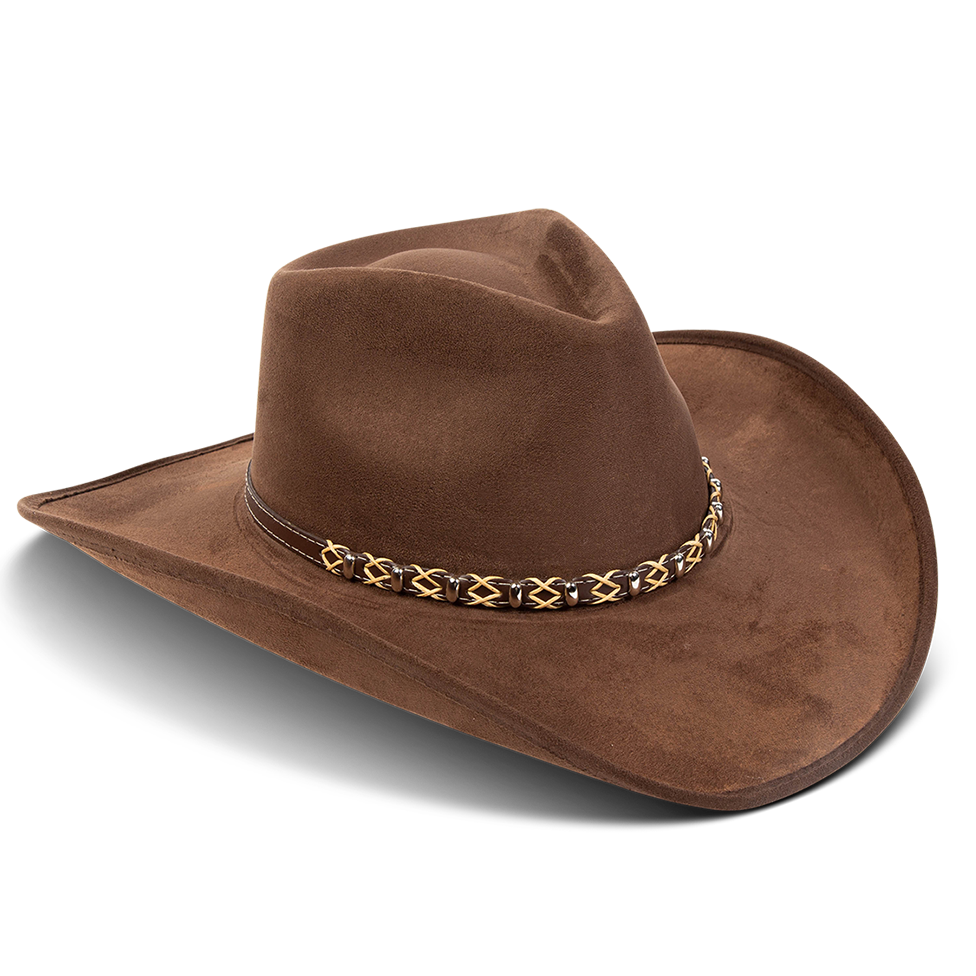 Jones brown side view showing upturned-brim on FREEBIRD western cowboy hat featuring teardrop crown and braided leather band