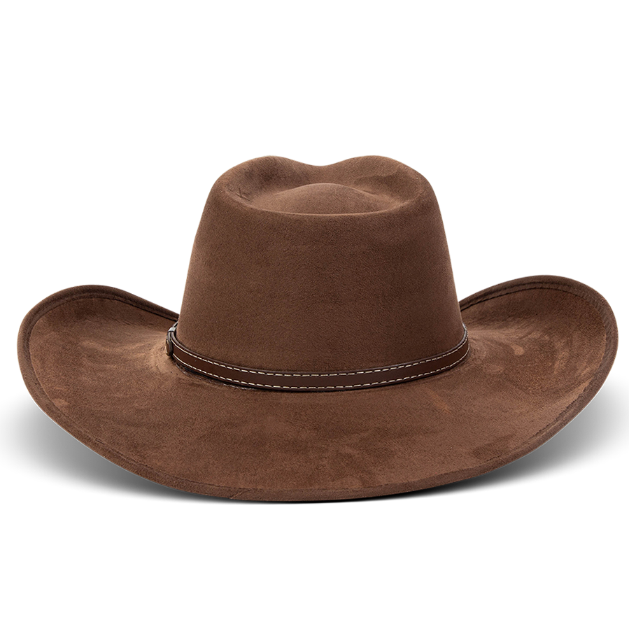 Jones brown back view showing braided leather band on FREEBIRD western cowboy hat featuring teardrop crown and upturned-brim