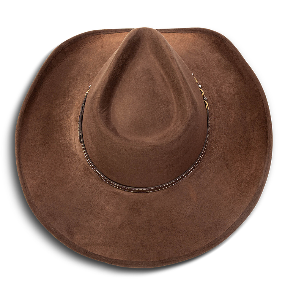 Jones brown top view showing teardrop crown on FREEBIRD western cowboy hat featuring upturned-brim and braided leather band