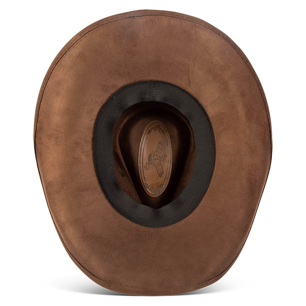 Jones brown inside view showing sweatband on FREEBIRD western cowboy hat featuring a teardrop crown, upturned-brim, and braided leather band