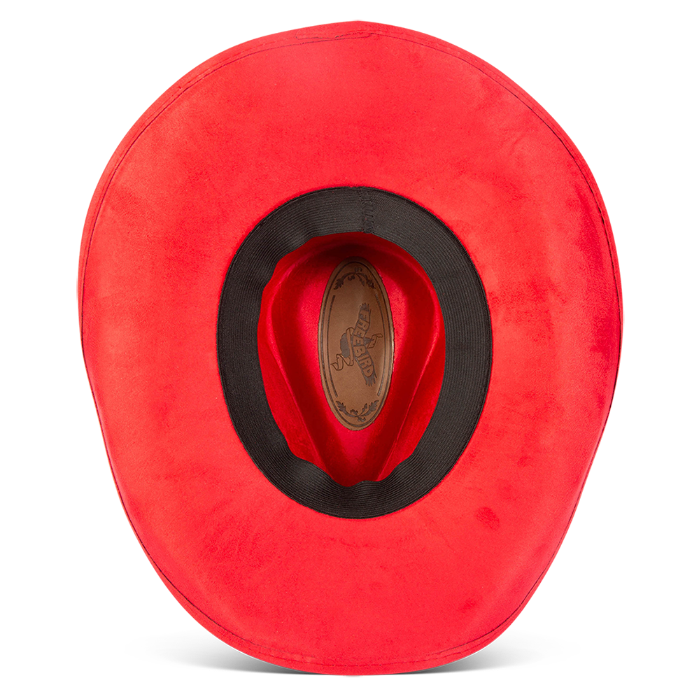 Jones red inside view showing sweatband on FREEBIRD western cowboy hat featuring a teardrop crown, upturned-brim, and tonal band
