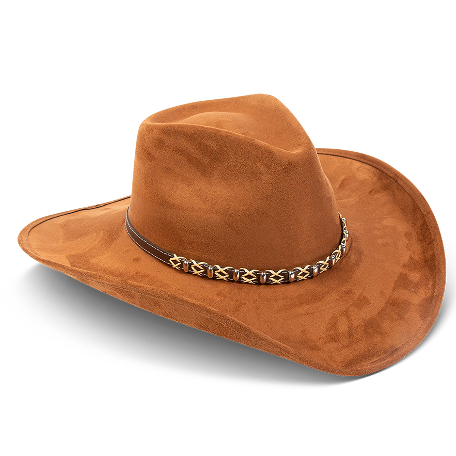 Jones rust side view showing upturned-brim on FREEBIRD western cowboy hat featuring teardrop crown and braided leather band