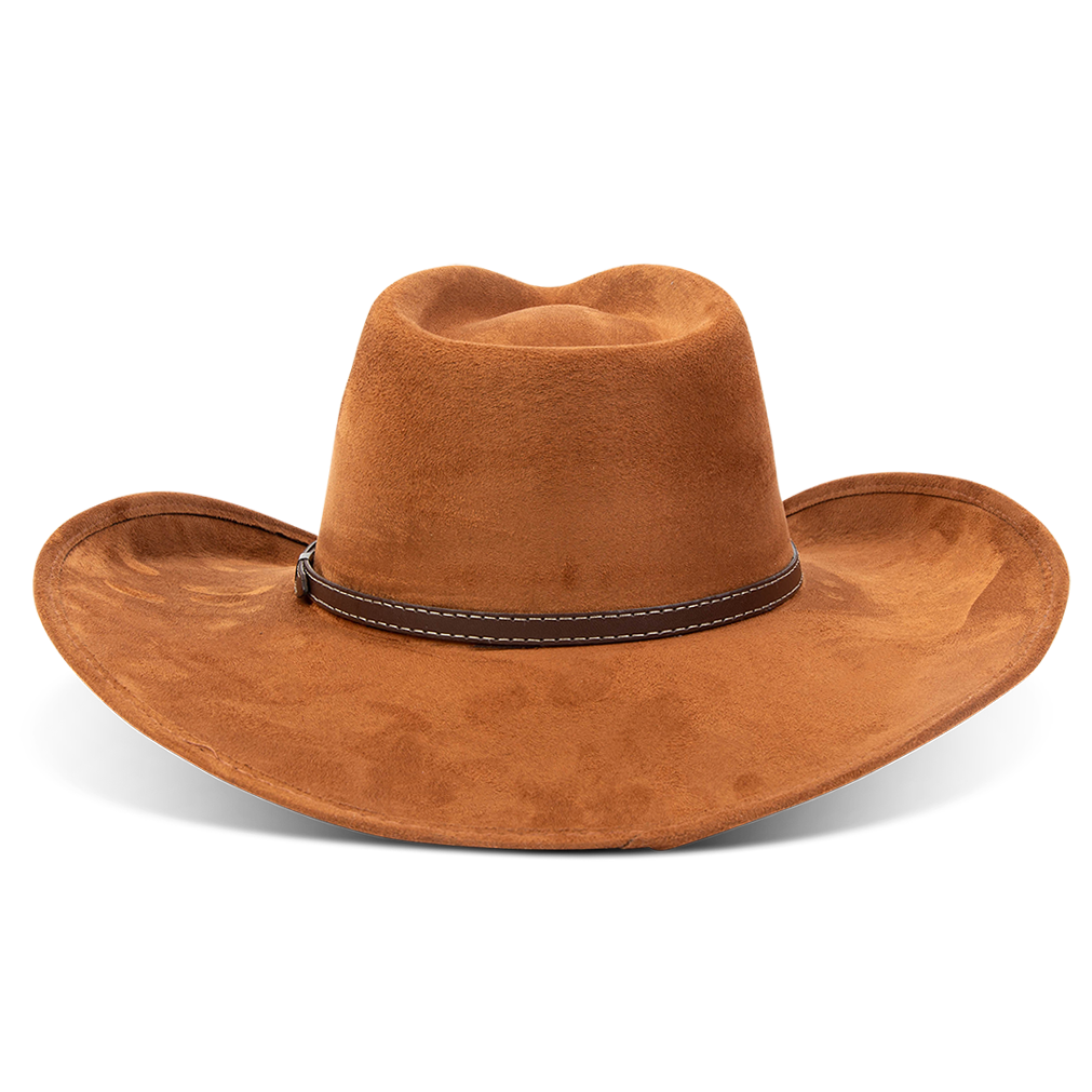 Jones rust back view showing braided leather band on FREEBIRD western cowboy hat featuring teardrop crown and upturned-brim