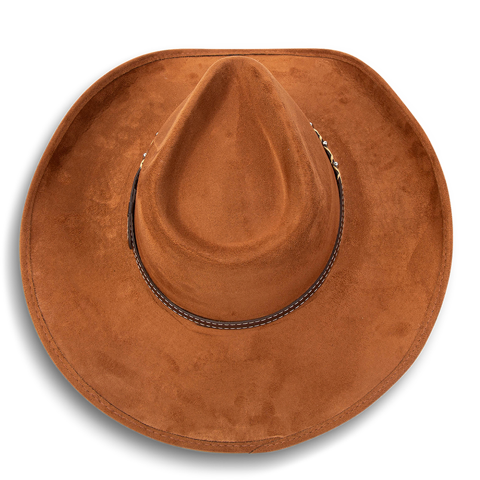 Jones rust top view showing teardrop crown on FREEBIRD western cowboy hat featuring upturned-brim and braided leather band