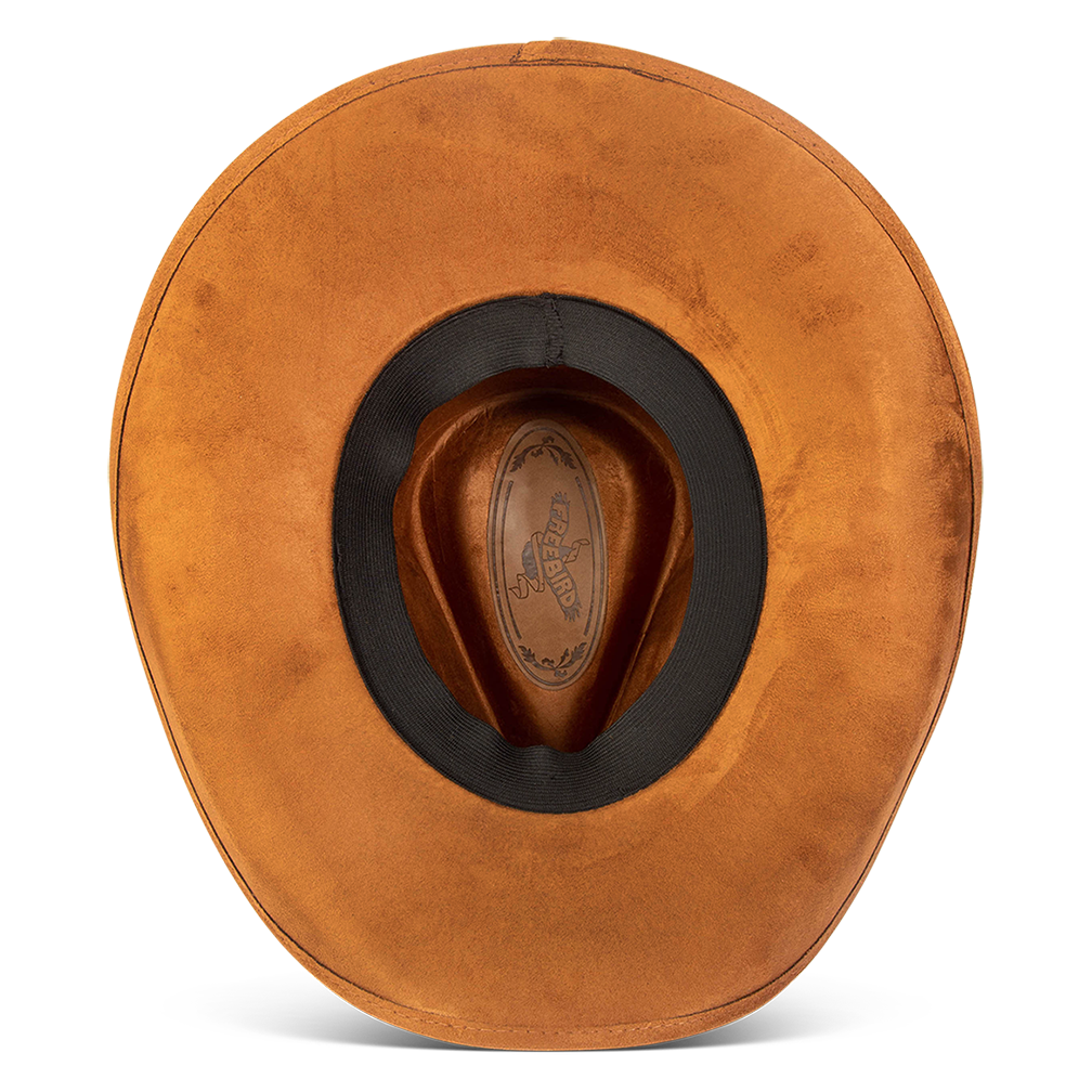Jones rust inside view showing sweatband on FREEBIRD western cowboy hat featuring a teardrop crown, upturned-brim, and braided leather band
