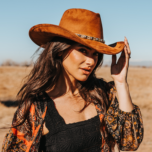 FREEBIRD Jones rust western cowboy hat featuring teardrop crown, upturned-brim, and braided leather band lifestyle