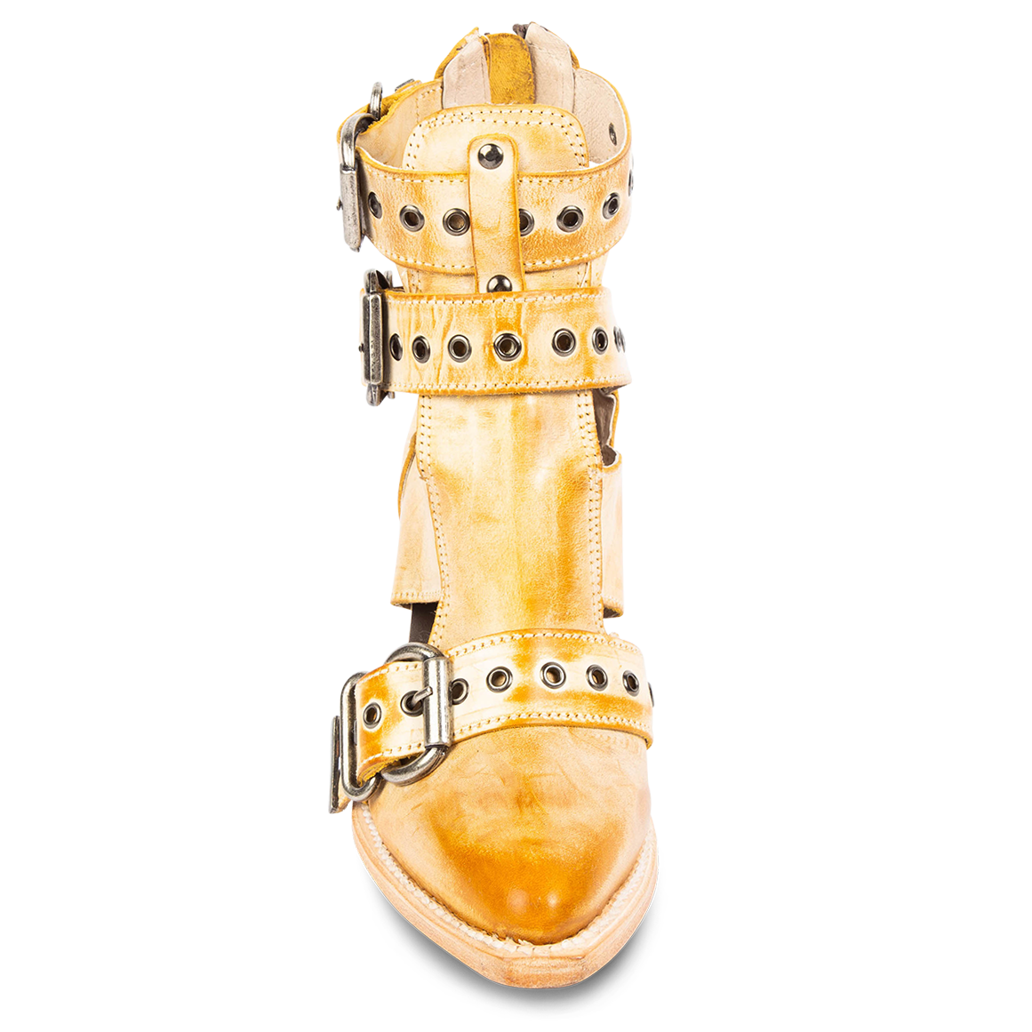 Front view showing pointed toe and metal eyelets on FREEBIRD women's Joplin banana leather ankle bootie