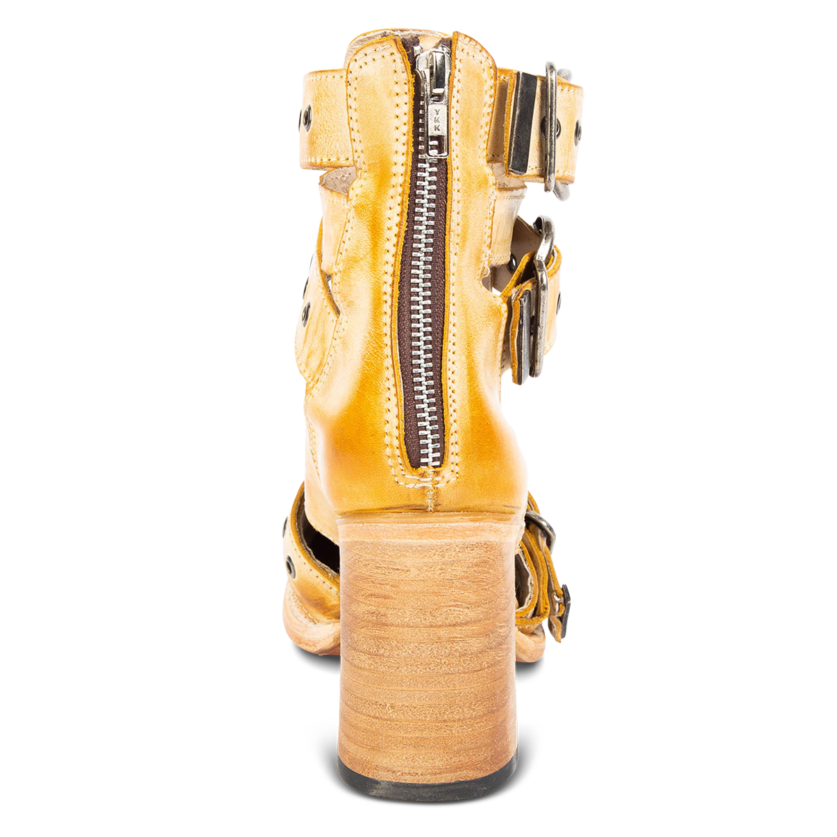 Back view showing working brass zip closure and flare heel on FREEBIRD women's Joplin banana leather bootie