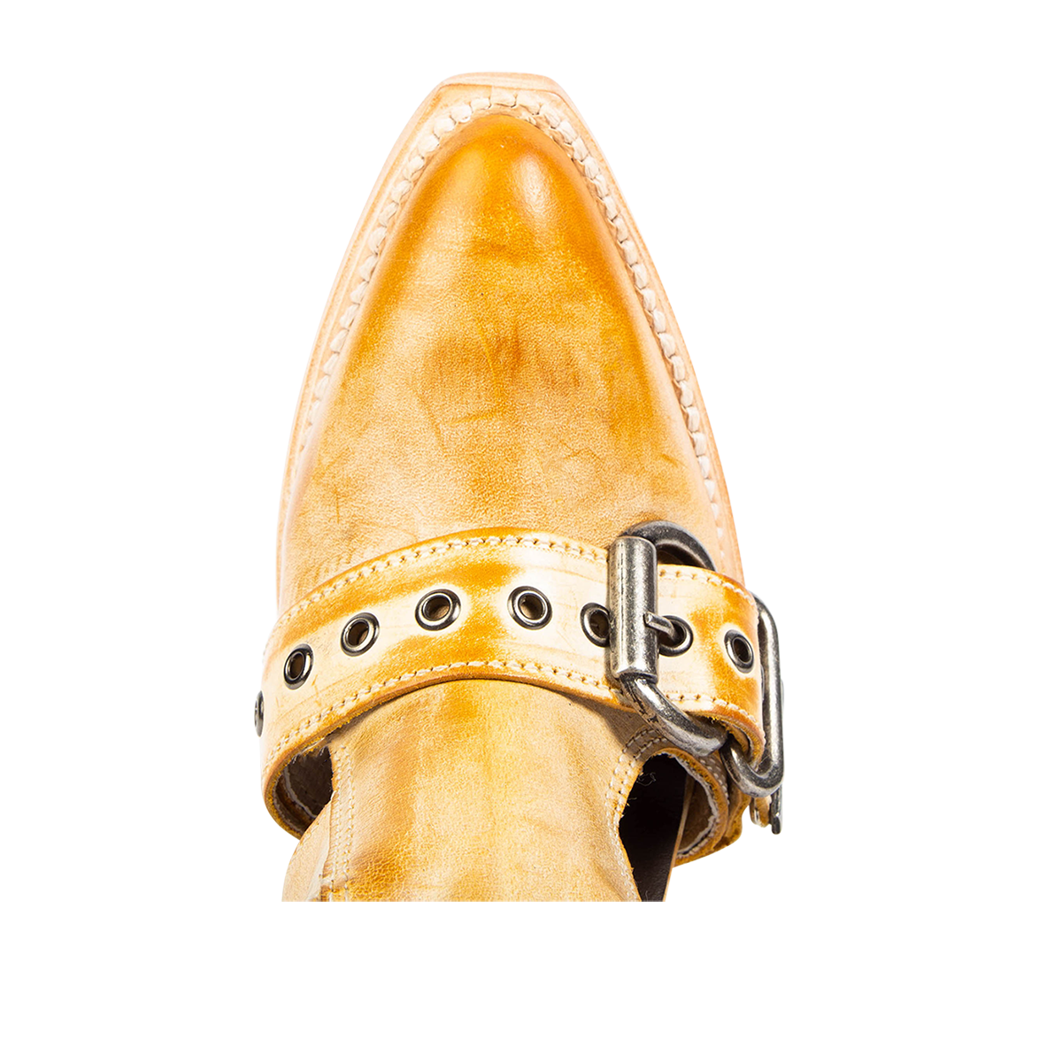 Top view showing pointed toe on FREEBIRD women's Joplin banana leather ankle bootie