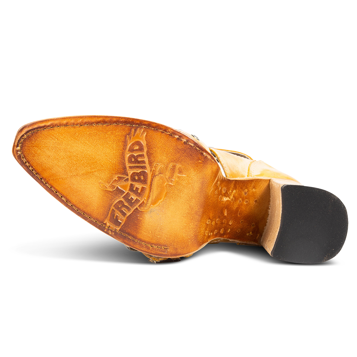 Leather sole imprinted with FREEBIRD on women's Joplin banana leather ankle bootie