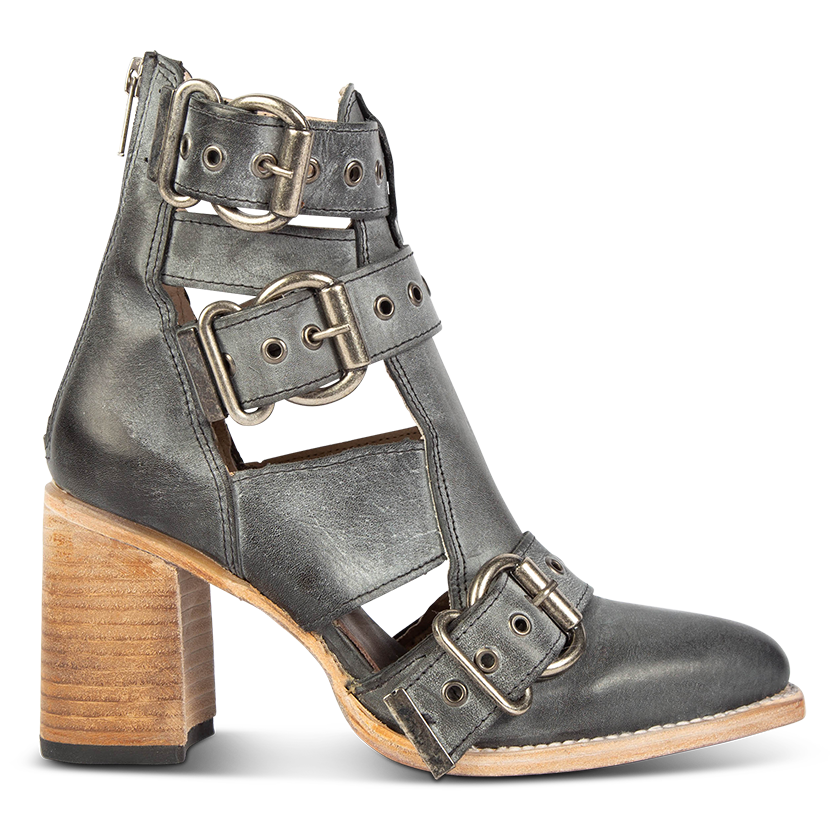 FREEBIRD women's Joplin black leather ankle bootie with buckles, flare heel, and pointed toe