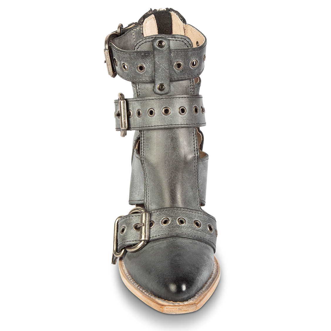 Front view showing pointed toe and metal eyelets on FREEBIRD women's Joplin black leather ankle bootie