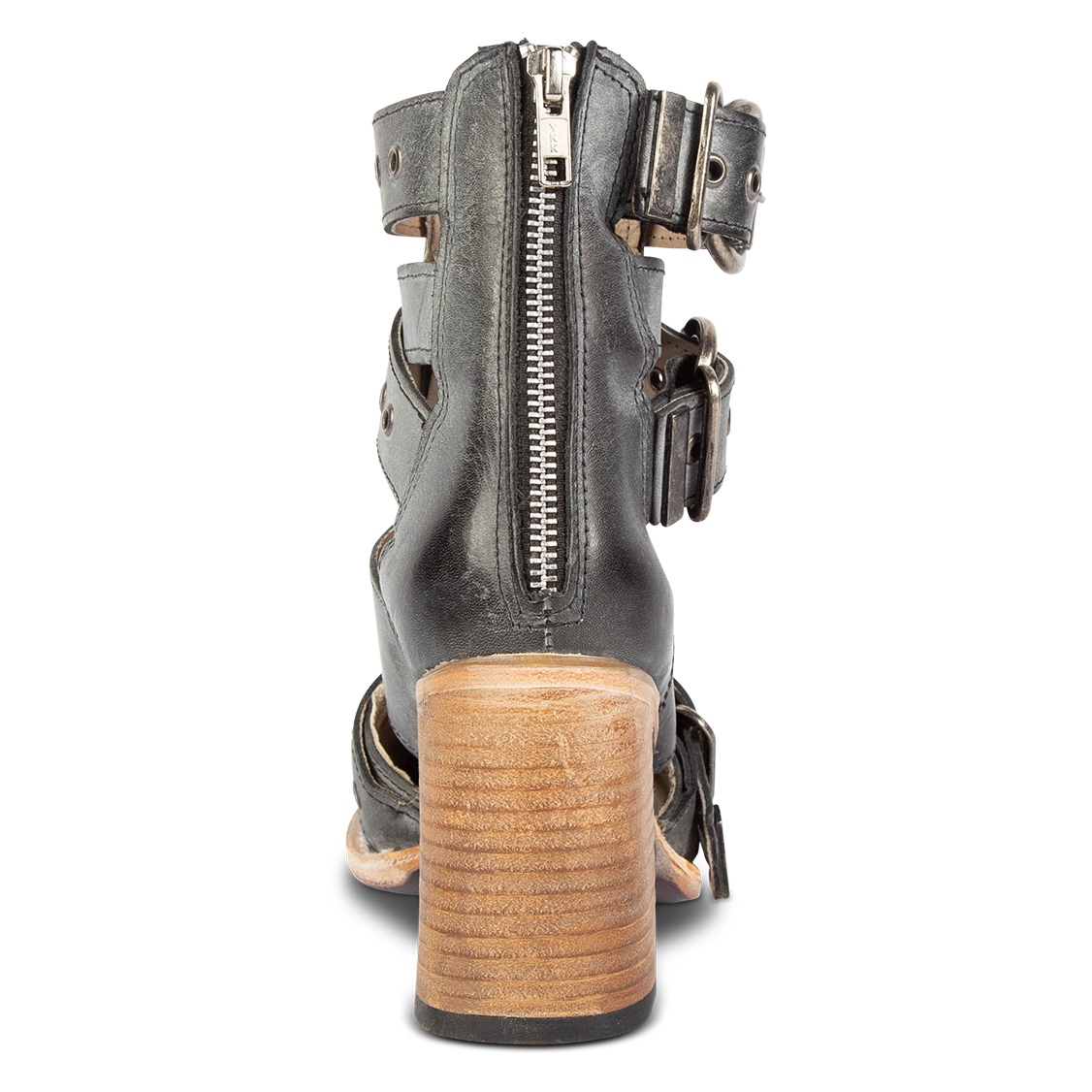 Back view showing working brass zip closure and flare heel on FREEBIRD women's Joplin black leather bootie
