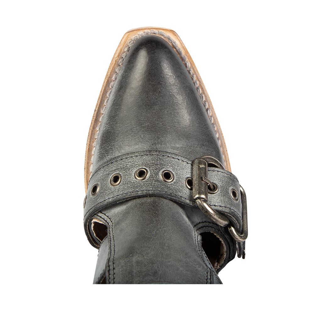 Top view showing pointed toe on FREEBIRD women's Joplin black leather ankle bootie
