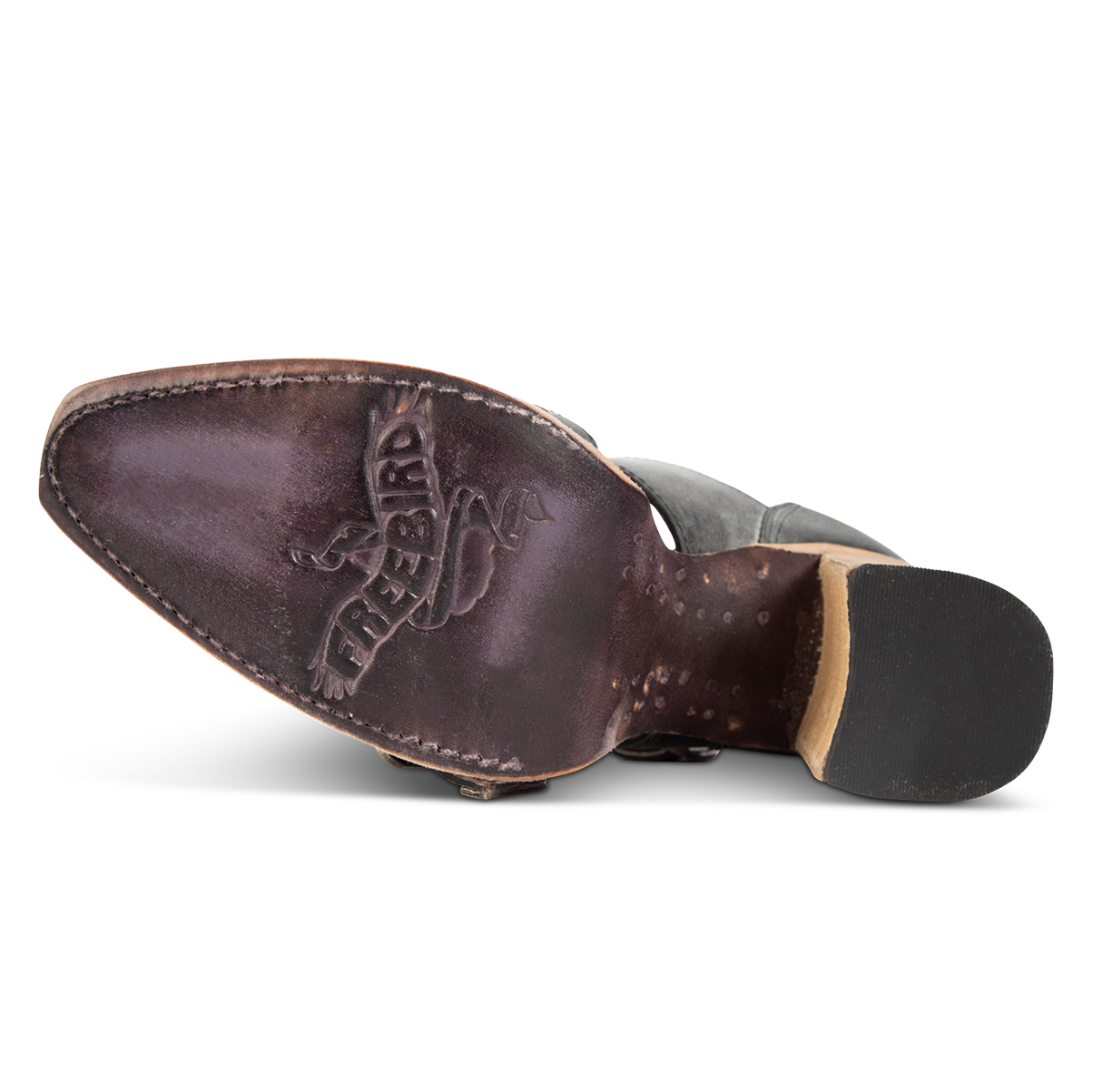 Leather sole imprinted with FREEBIRD on women's Joplin black leather ankle bootie