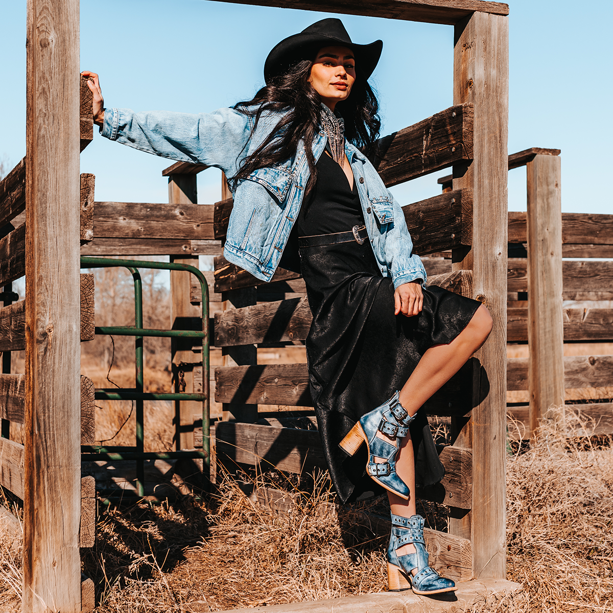 FREEBIRD women's Joplin navy leather ankle bootie with buckles, flare heel, and pointed toe lifestyle