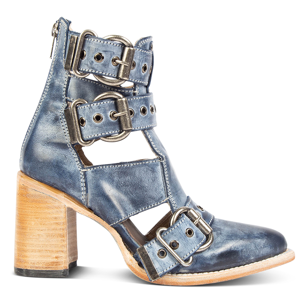 FREEBIRD women's Joplin navy leather ankle bootie with buckles, flare heel, and pointed toe