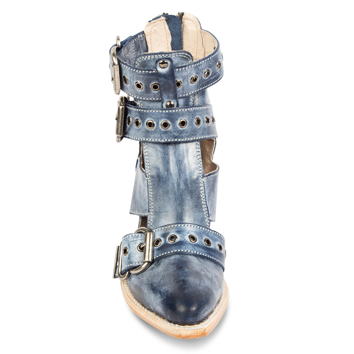 Front view showing pointed toe and metal eyelets on FREEBIRD women's Joplin navy leather ankle bootie
