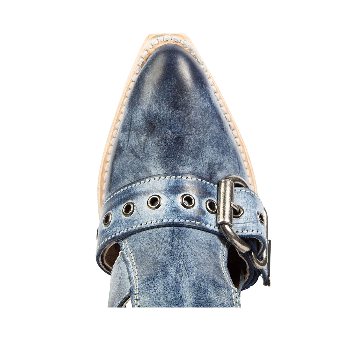 Top view showing pointed toe on FREEBIRD women's Joplin navy leather ankle bootie