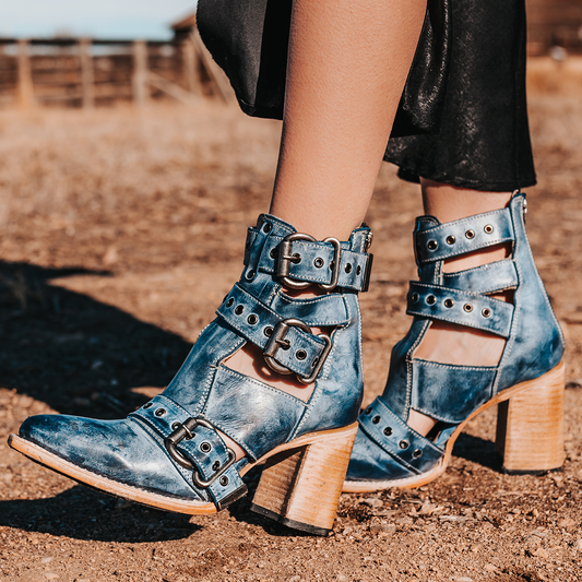 FREEBIRD women's Joplin navy leather ankle bootie with buckles, flare heel, and pointed toe