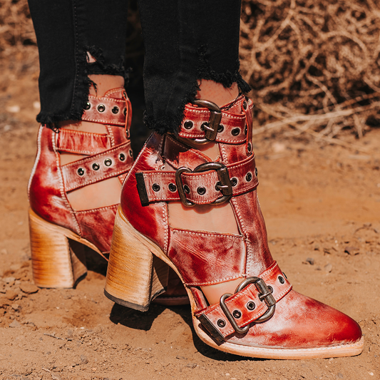 FREEBIRD women's Joplin red leather ankle bootie with buckles, flare heel, and pointed toe