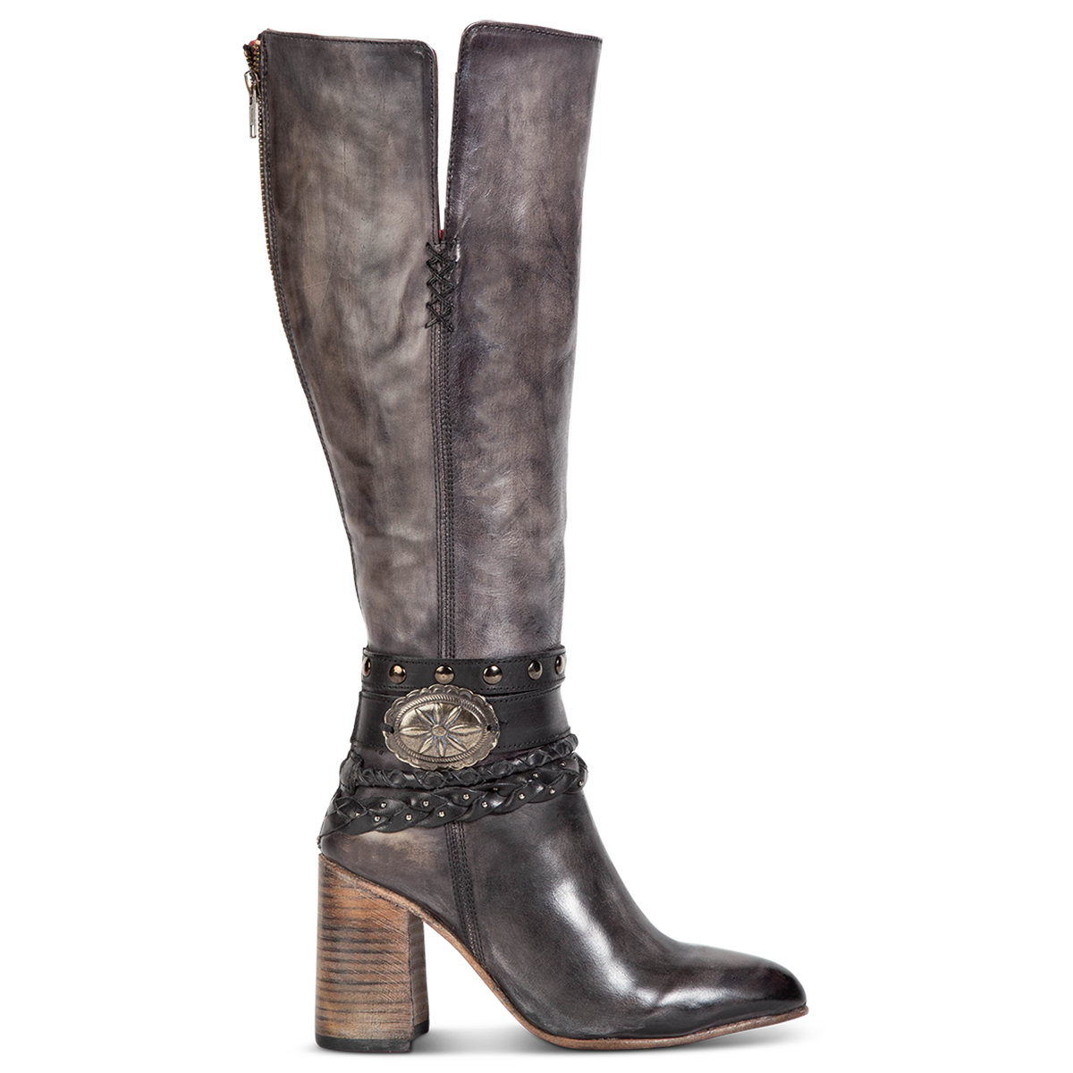 FREEBIRD women's Juniper black heeled boot featuring a pointed toe, back zip closure, and braided and studded ankle straps