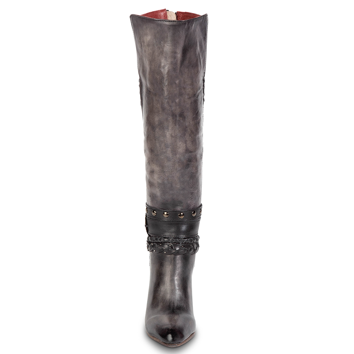 Front view showing pointed toe, braided and studded ankle strap detailing, and side slit detailing on FREEBIRD women's Juniper black heeled boot