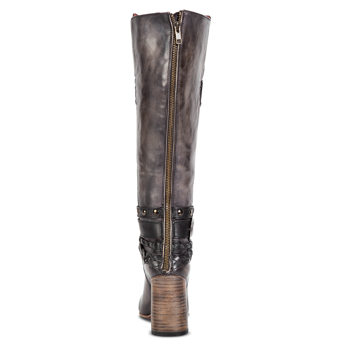 Back view showing full brass zip closure FREEBIRD women's Juniper black heeled boot