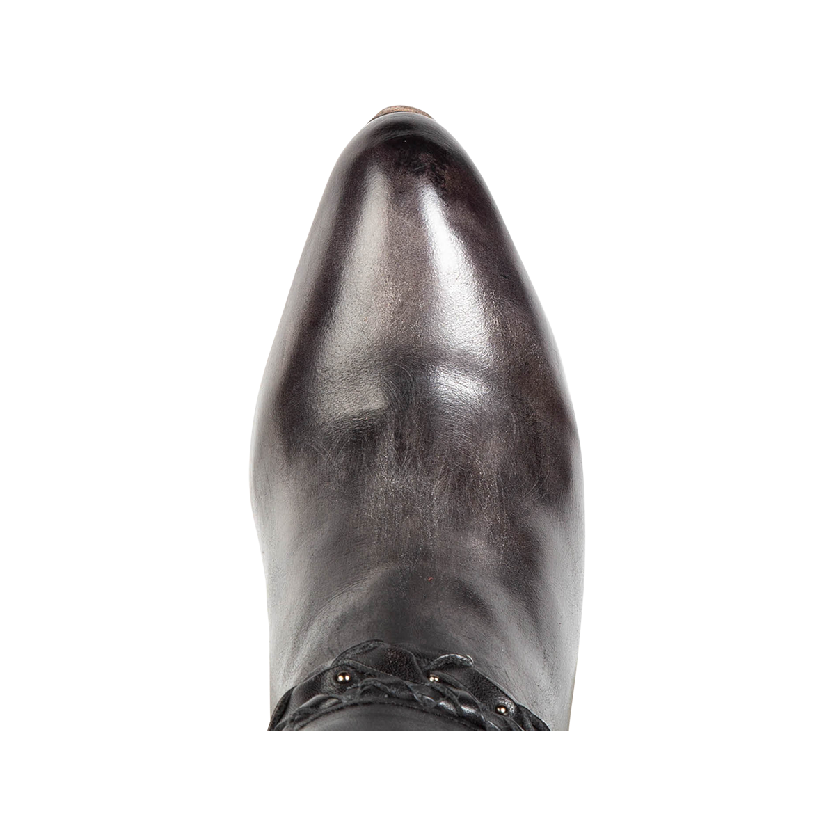 Top view showing pointed toe on FREEBIRD women's Juniper black heeled boot