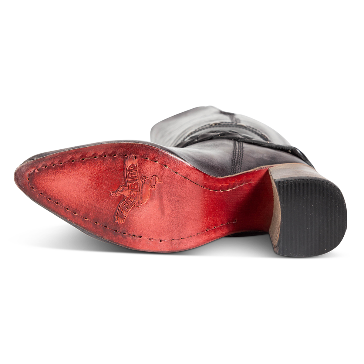 Leather sole imprinted with FREEBIRD on women's Juniper black heeled boot