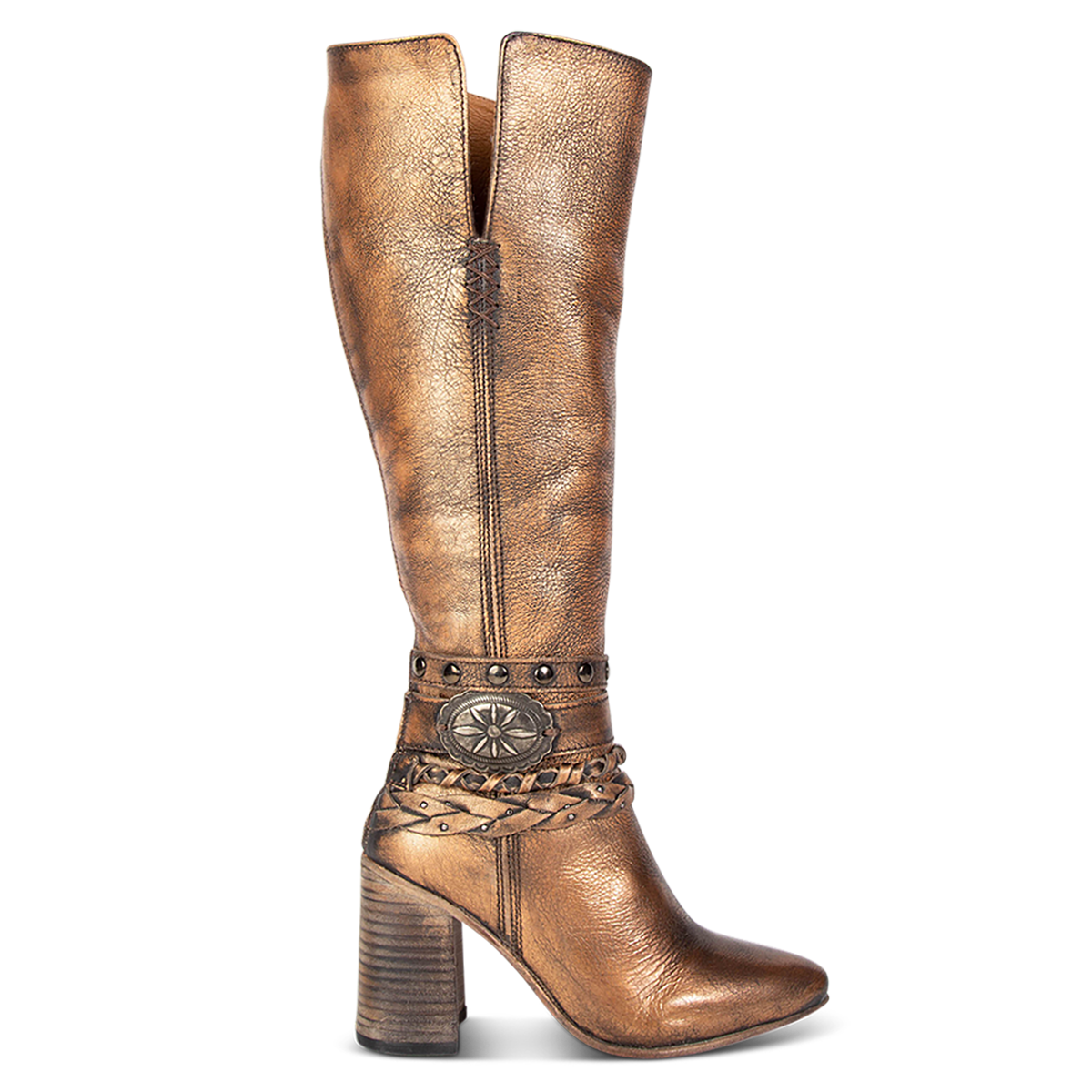 FREEBIRD women's Juniper bronze heeled boot featuring a pointed toe, back zip closure, and braided and studded ankle straps