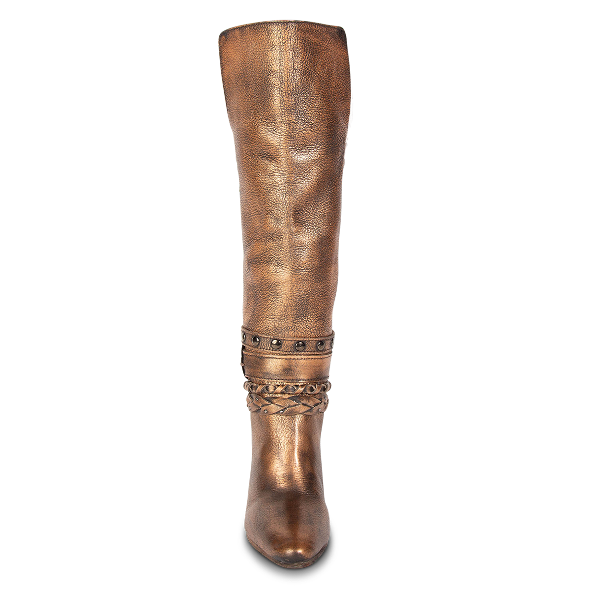 Front view showing pointed toe, braided and studded ankle strap detailing, and side slit detailing on FREEBIRD women's Juniper bronze heeled boot