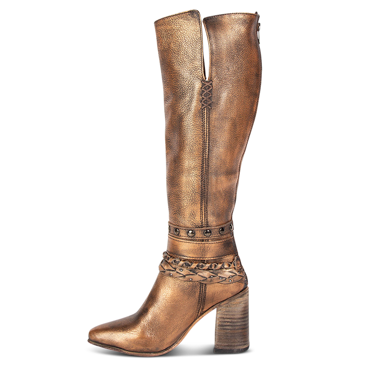 Inside view showing stacked heel, braided and studded ankle strap detailing, and side slits on FREEBIRD women's Juniper bronze heeled boot