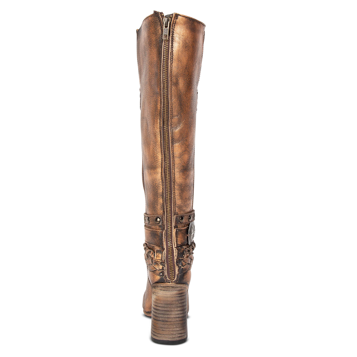 Back view showing full brass zip closure FREEBIRD women's Juniper bronze heeled boot