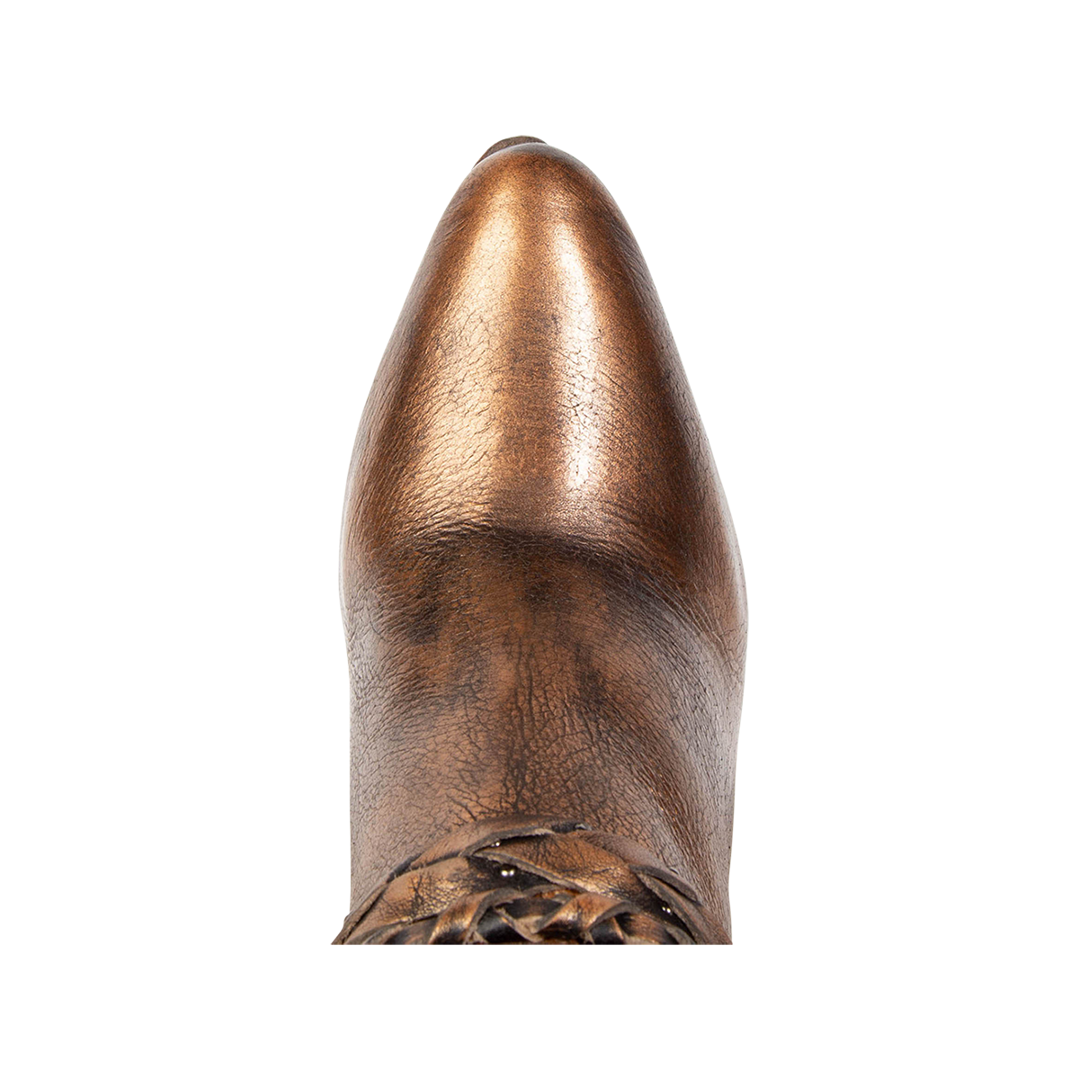 Top view showing pointed toe on FREEBIRD women's Juniper bronze heeled boot