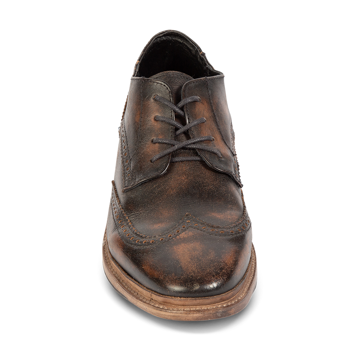 Front view showing dress shoe construction and wingtip toe on FREEBIRD men's Kensington black distressed shoe