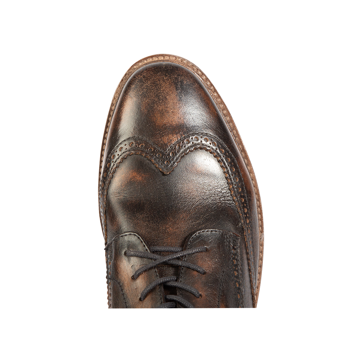 Top view showing wingtip toe and loafer construction on FREEBIRD men's Kensington black distressed shoe