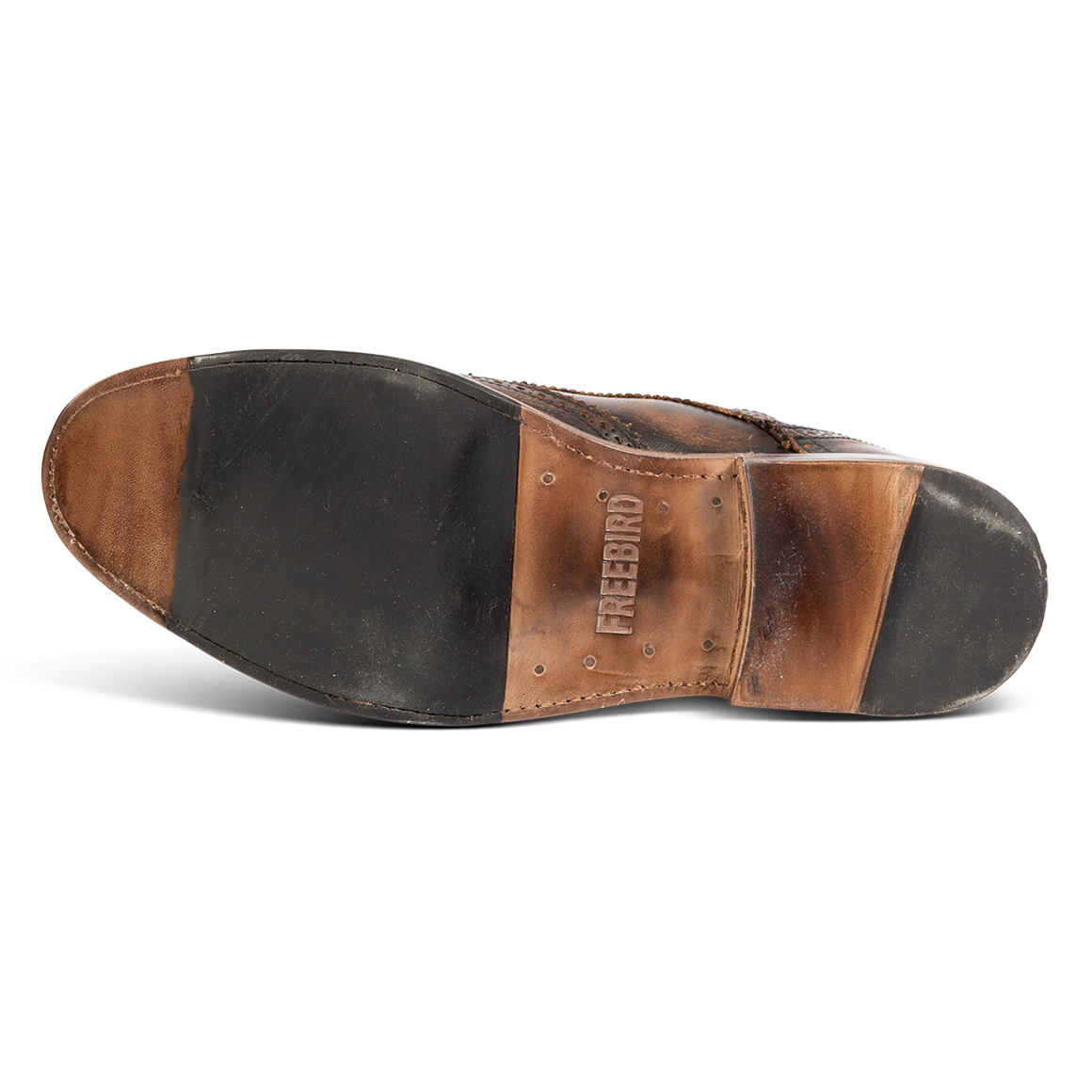 Leather sole imprinted with FREEBIRD on men's Kensington black distressed shoe