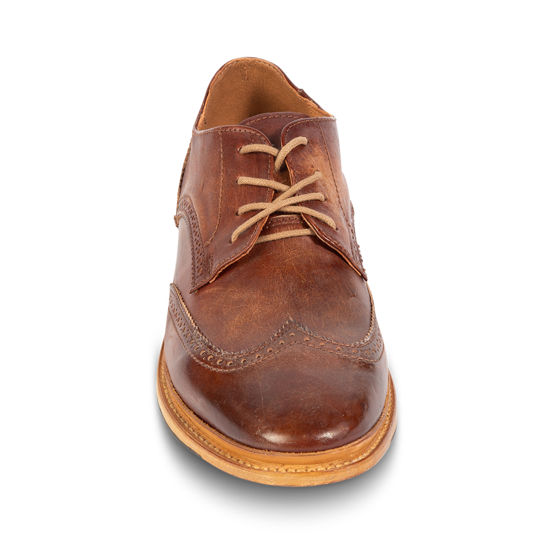 Front view showing dress shoe construction and wingtip toe on FREEBIRD men's Kensington cognac shoe