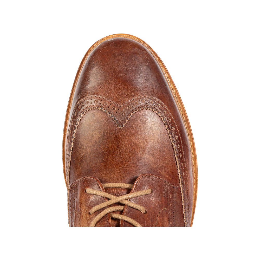Top view showing wingtip toe and loafer construction on FREEBIRD men's Kensington cognac shoe