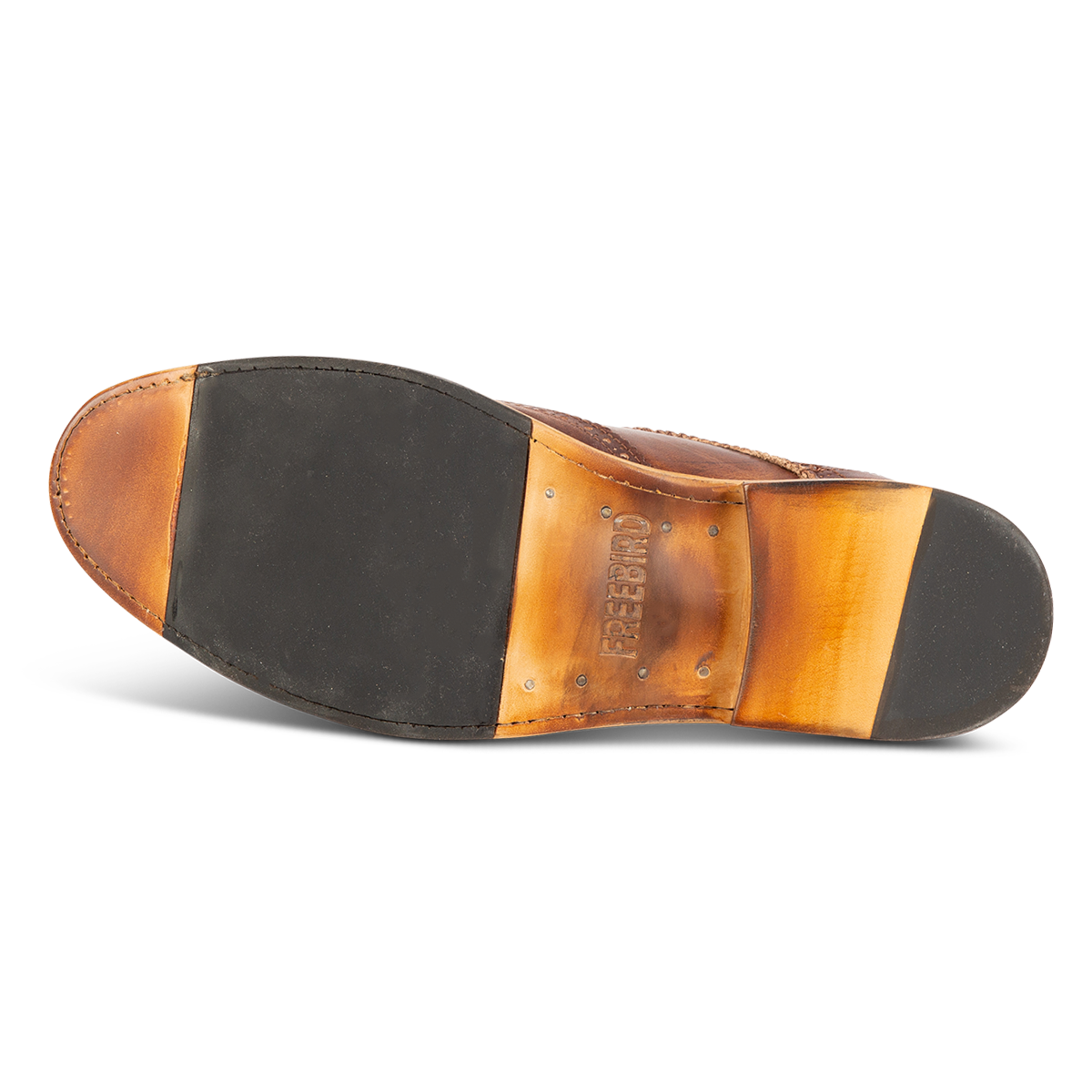 Leather sole imprinted with FREEBIRD on men's Kensington cognac shoe