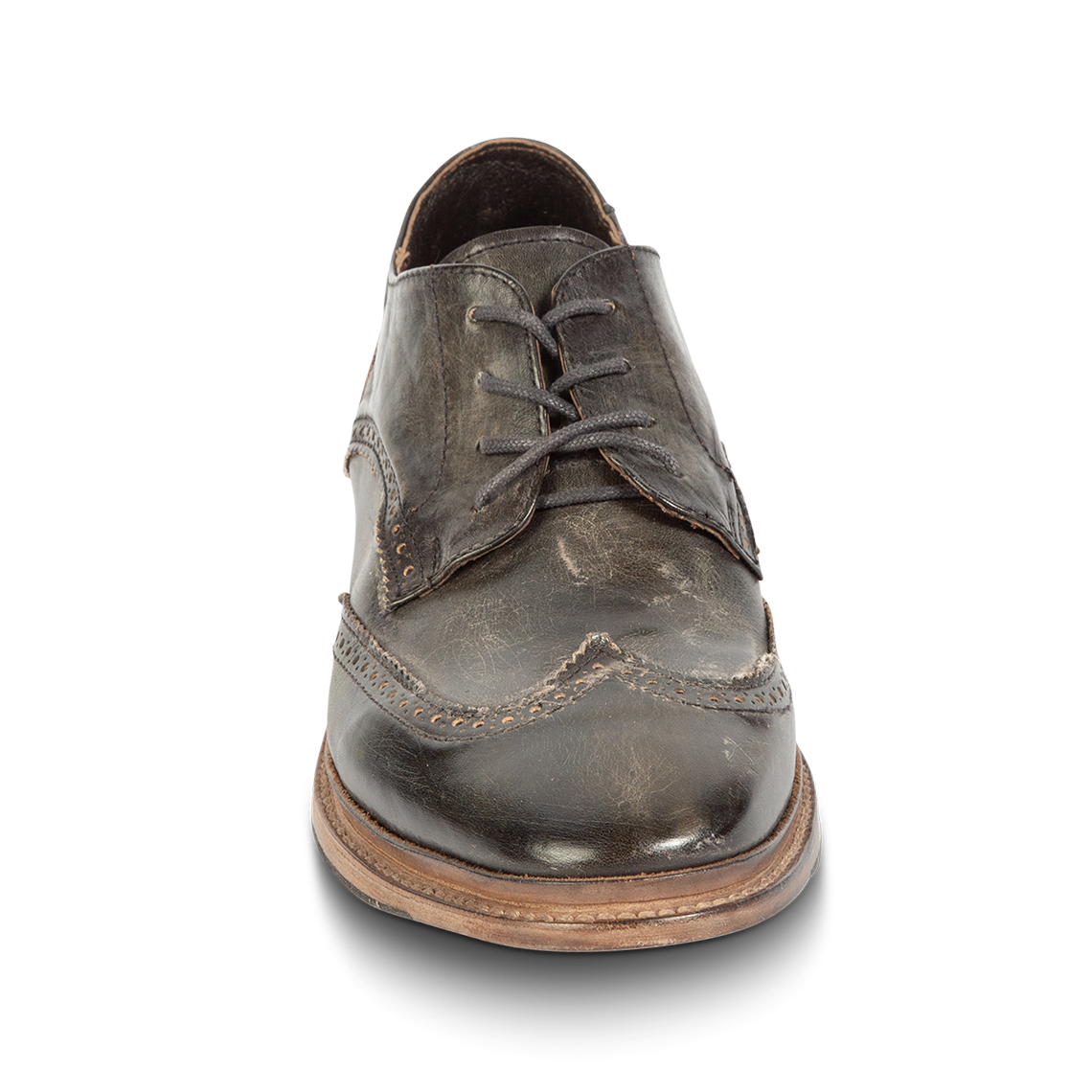 Front view showing dress shoe construction and wingtip toe on FREEBIRD men's Kensington olive shoe