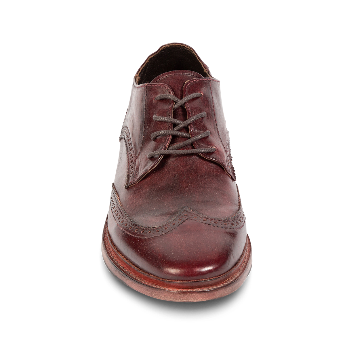 Front view showing dress shoe construction and wingtip toe on FREEBIRD men's Kensington wine shoe