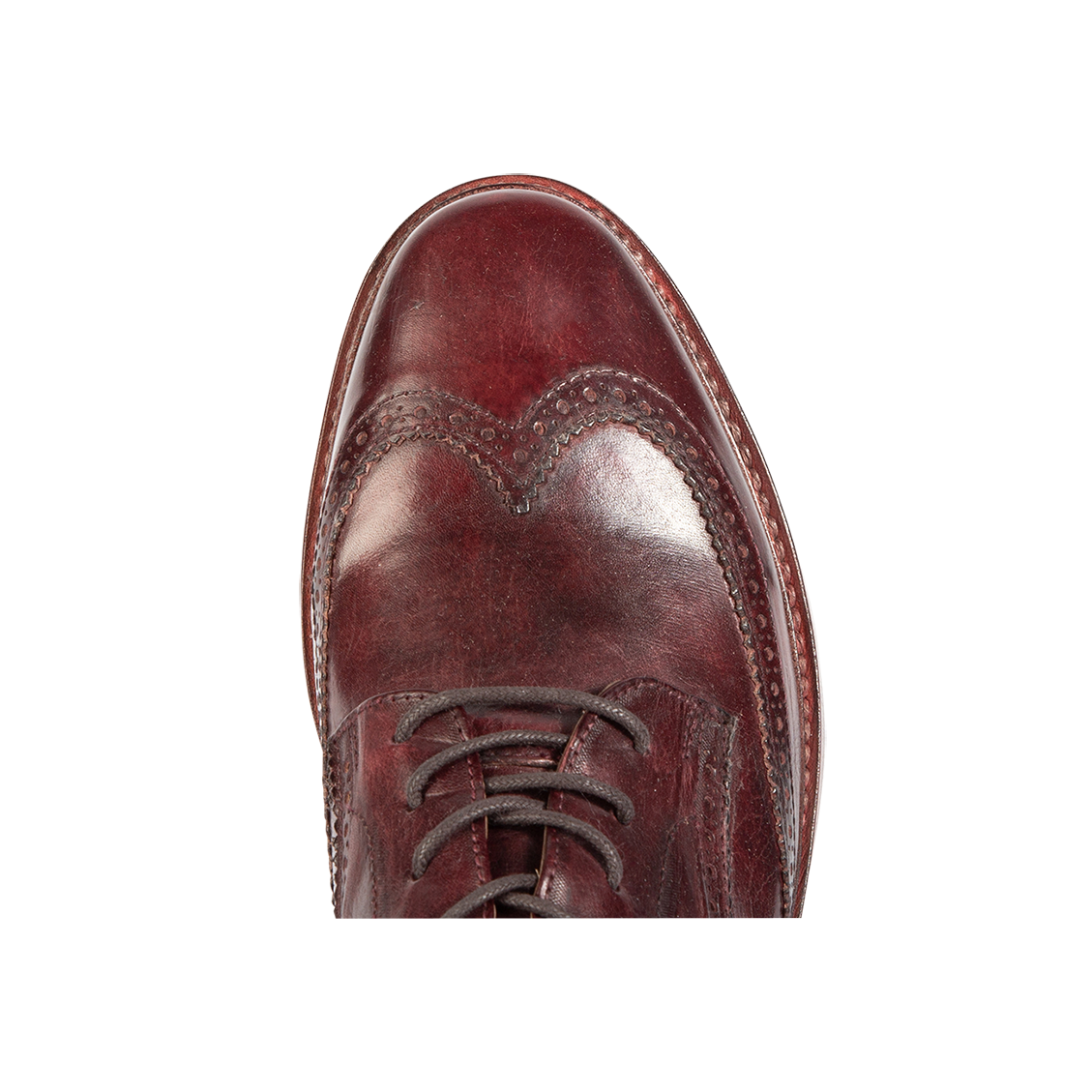 Top view showing wingtip toe and loafer construction on FREEBIRD men's Kensington wine shoe