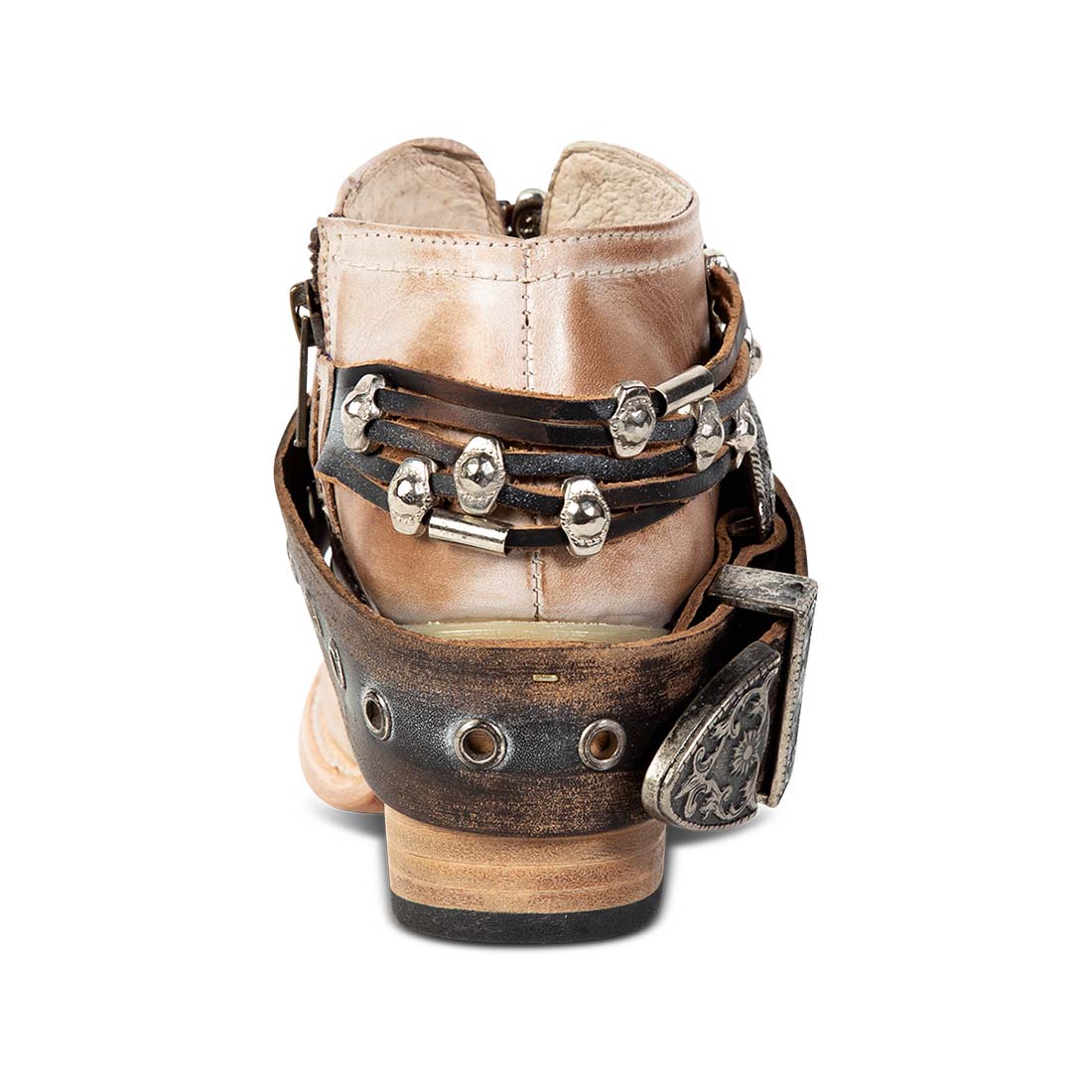 Back view showing low contrasting wood heel with western ankle belts on FREEBIRD women's Saloon taupe bootie