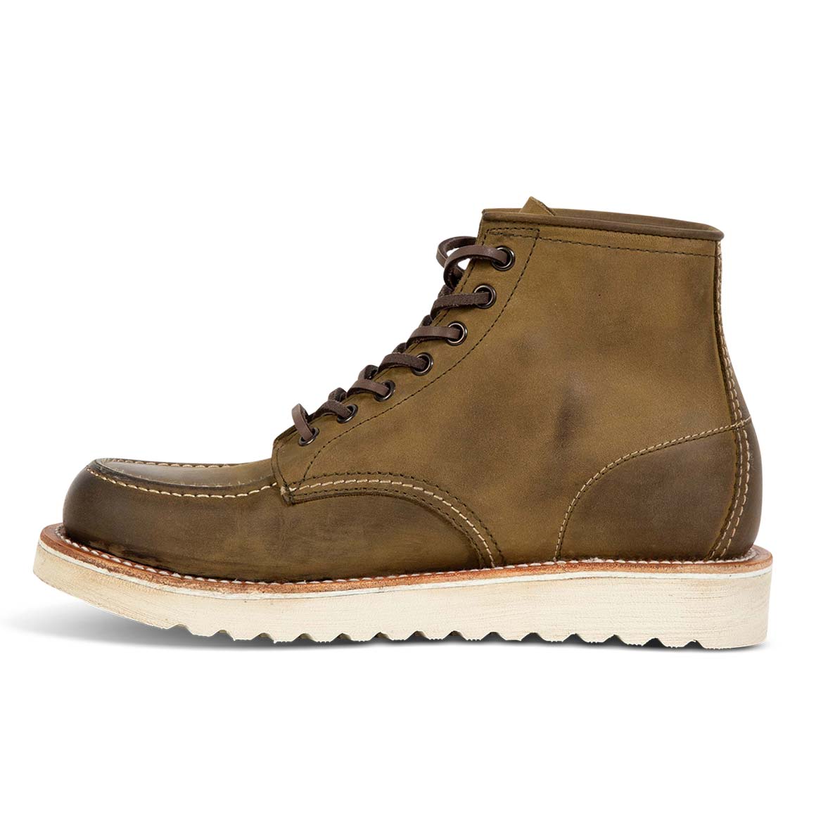 Inside view showing leather body and soft sole on FREEBIRD men's Carbon olive shoe