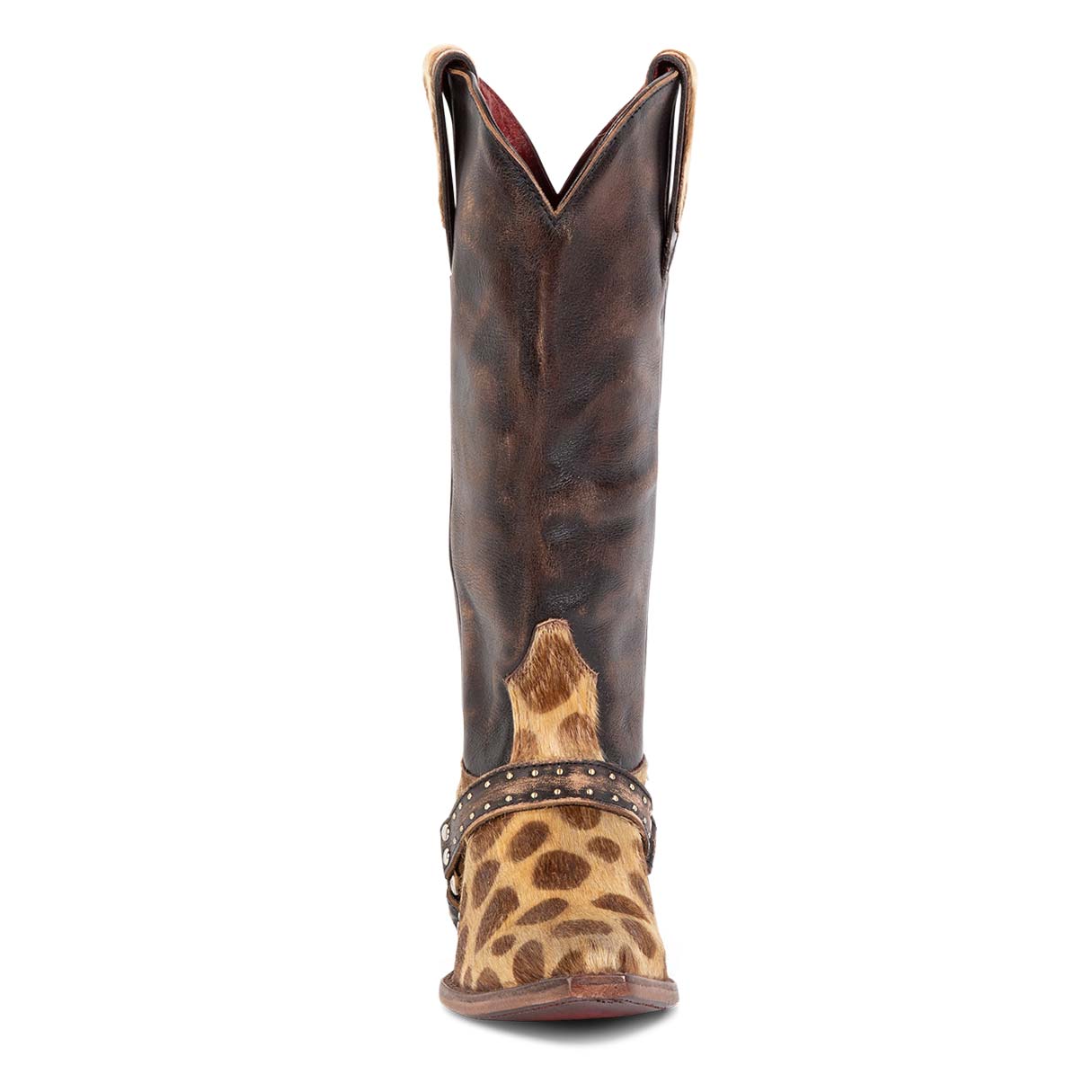 Front view showing scallop dip and leather harness with silver stud detailing on FREEBIRD women's Lusitano leopard boot