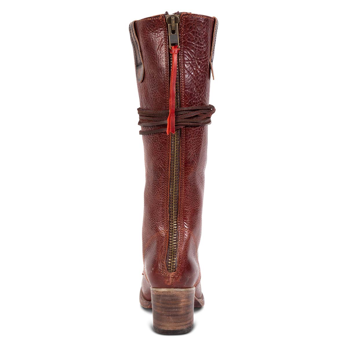 Back view showing brass zip closure and red leather pull tab on FREEBIRD women's Grany wine tall boot