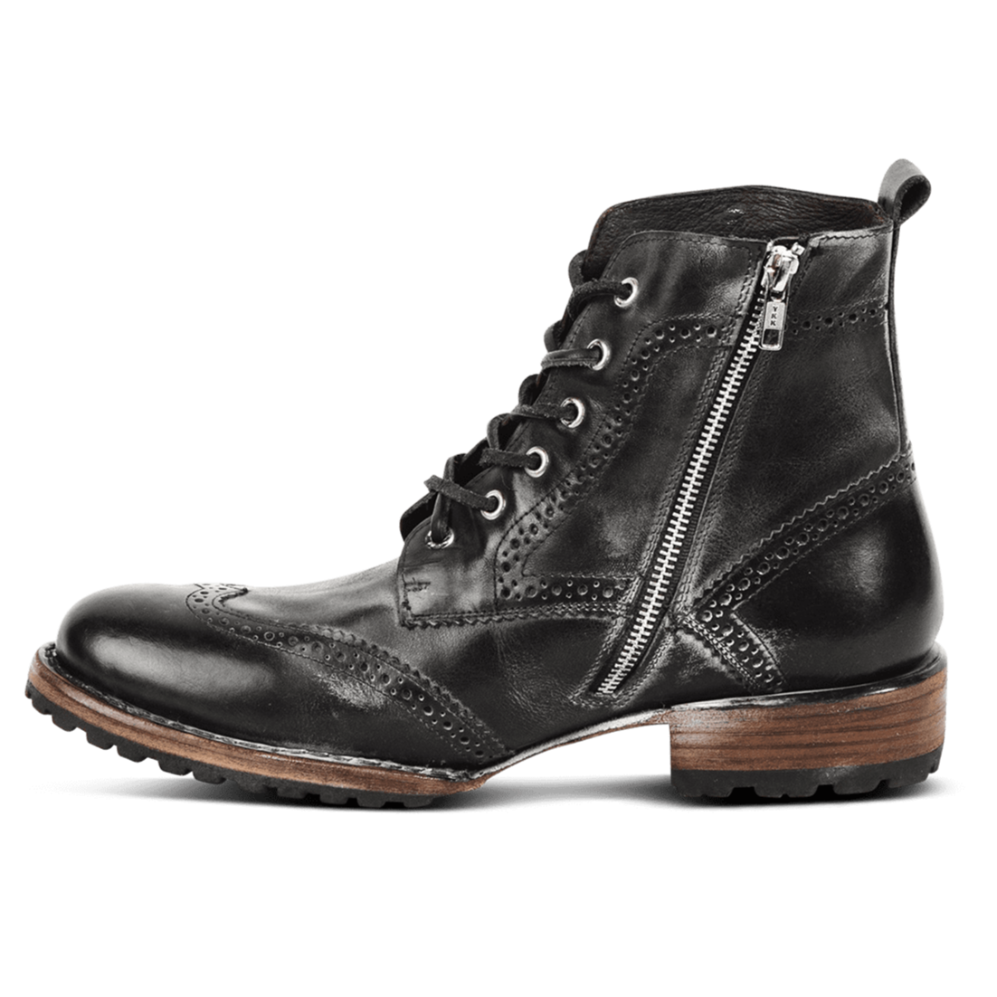 Inside view showing zip closure and brogue details on FREEBIRD men's Bradford black leather boot
